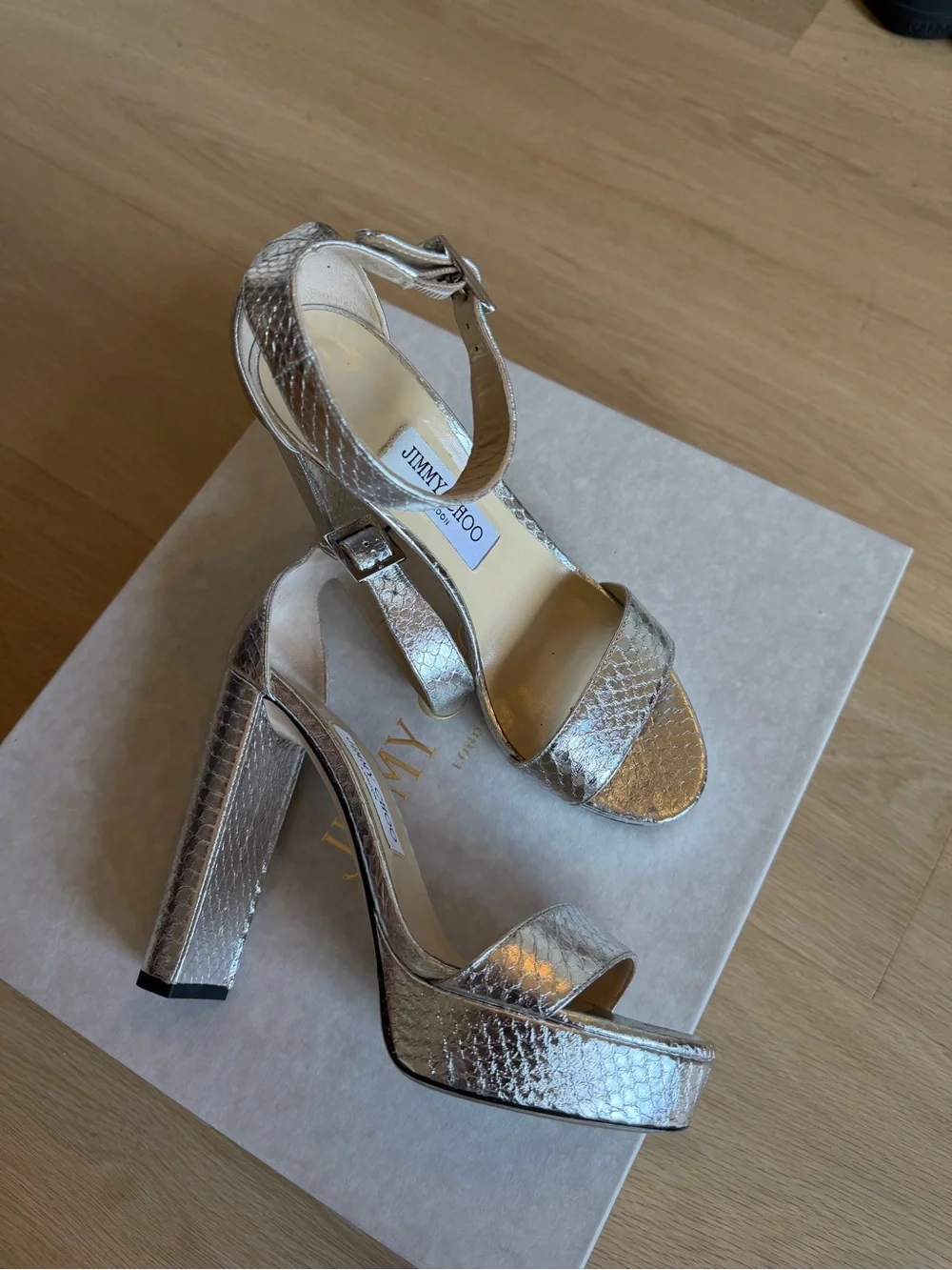 Jimmy Choo Metallic Silver Platform Block Heel Sandals